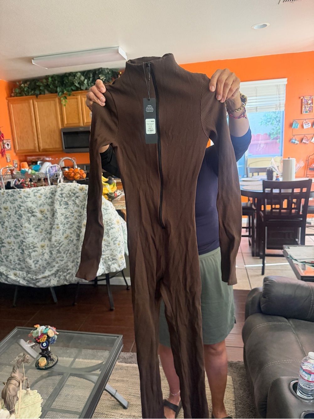 Slim-Fit Brown Ribbed Long-Sleeve Jumpsuit with Front Zip